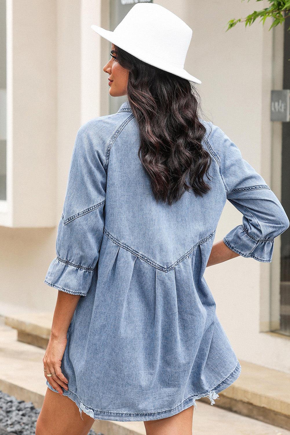 Light Blue Ruffled 3/4 Sleeve Buttoned Front Plus Size Denim Dress - L & M Kee, LLC