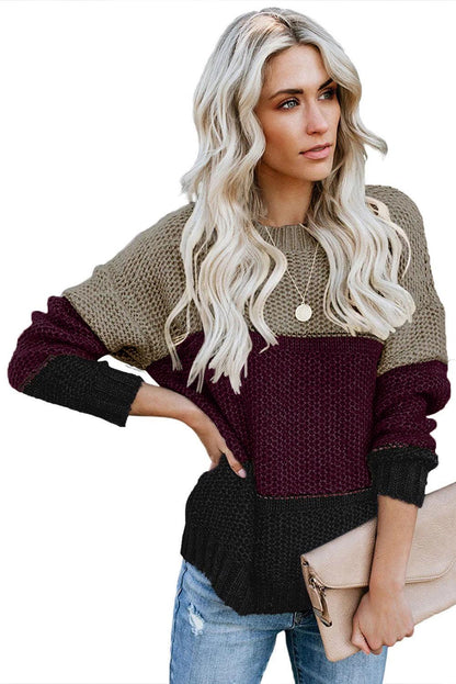 Gray Color Block Netted Texture Pullover Sweater - L & M Kee, LLC