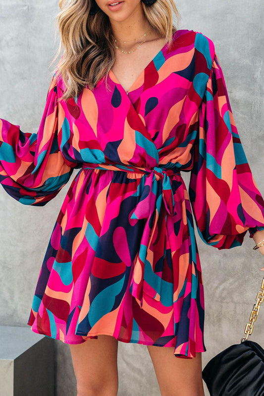 Abstract Printed Belted Puff Sleeve Mini Dress - L & M Kee, LLC