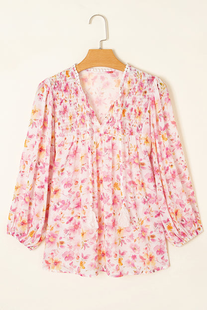 Pink Floral Print Tassel Tie Smocked V Neck Puff Sleeve Tunic Blouse