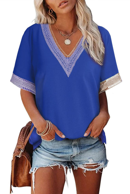 Lace Trim V Neck Short Sleeve Blouse - L & M Kee, LLC