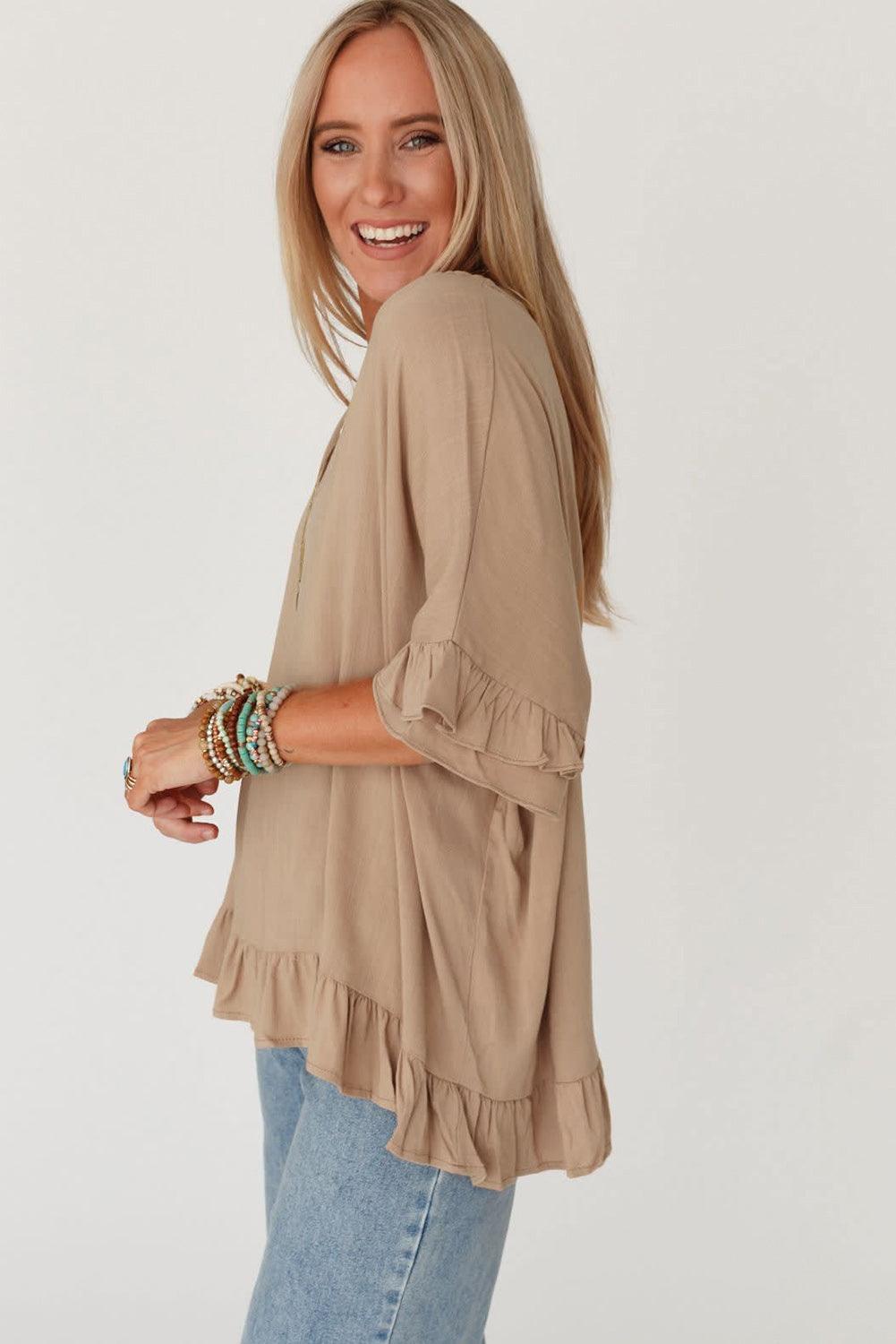 Light French Beige Loose Ruffled V Neck Blouse - L & M Kee, LLC