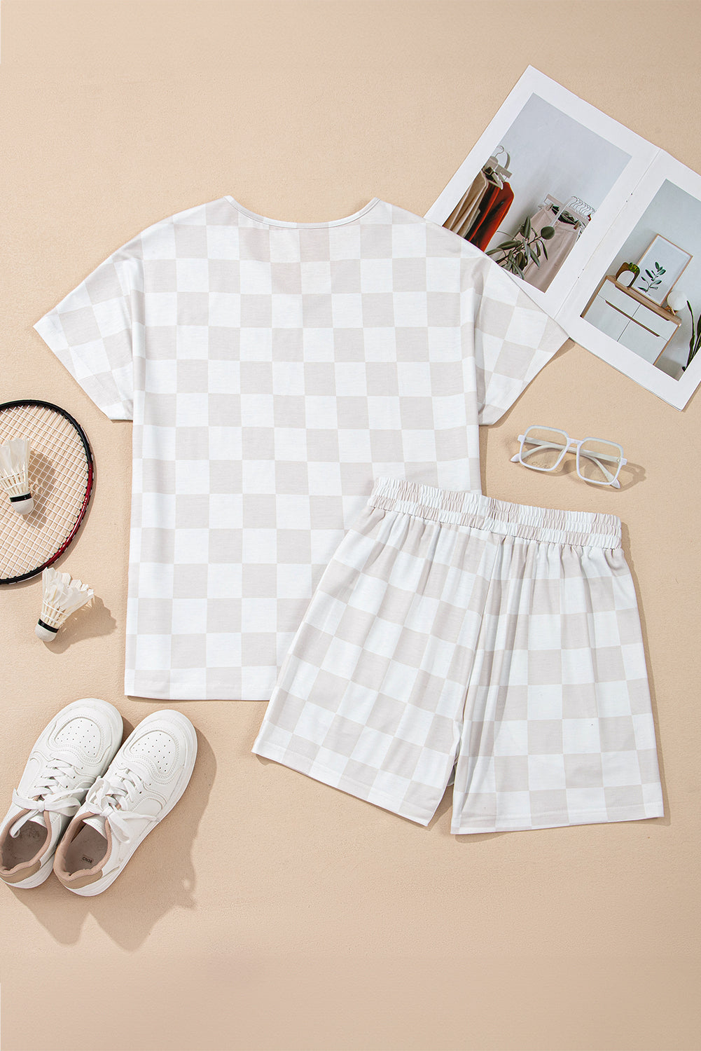 Beige Checkered V Neck Tee Drawstring Shorts Lounge Set