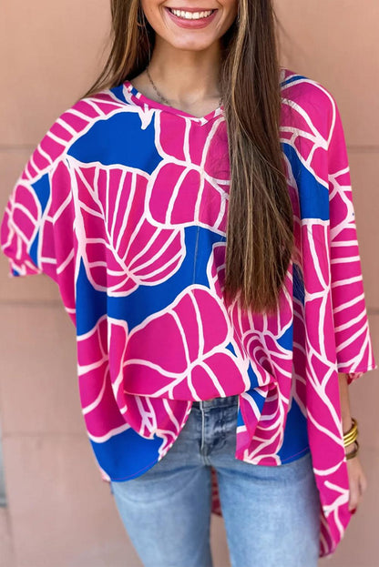 Rose Red Floral Print 3/4 Sleeve V Neck Baggy Blouse - L & M Kee, LLC