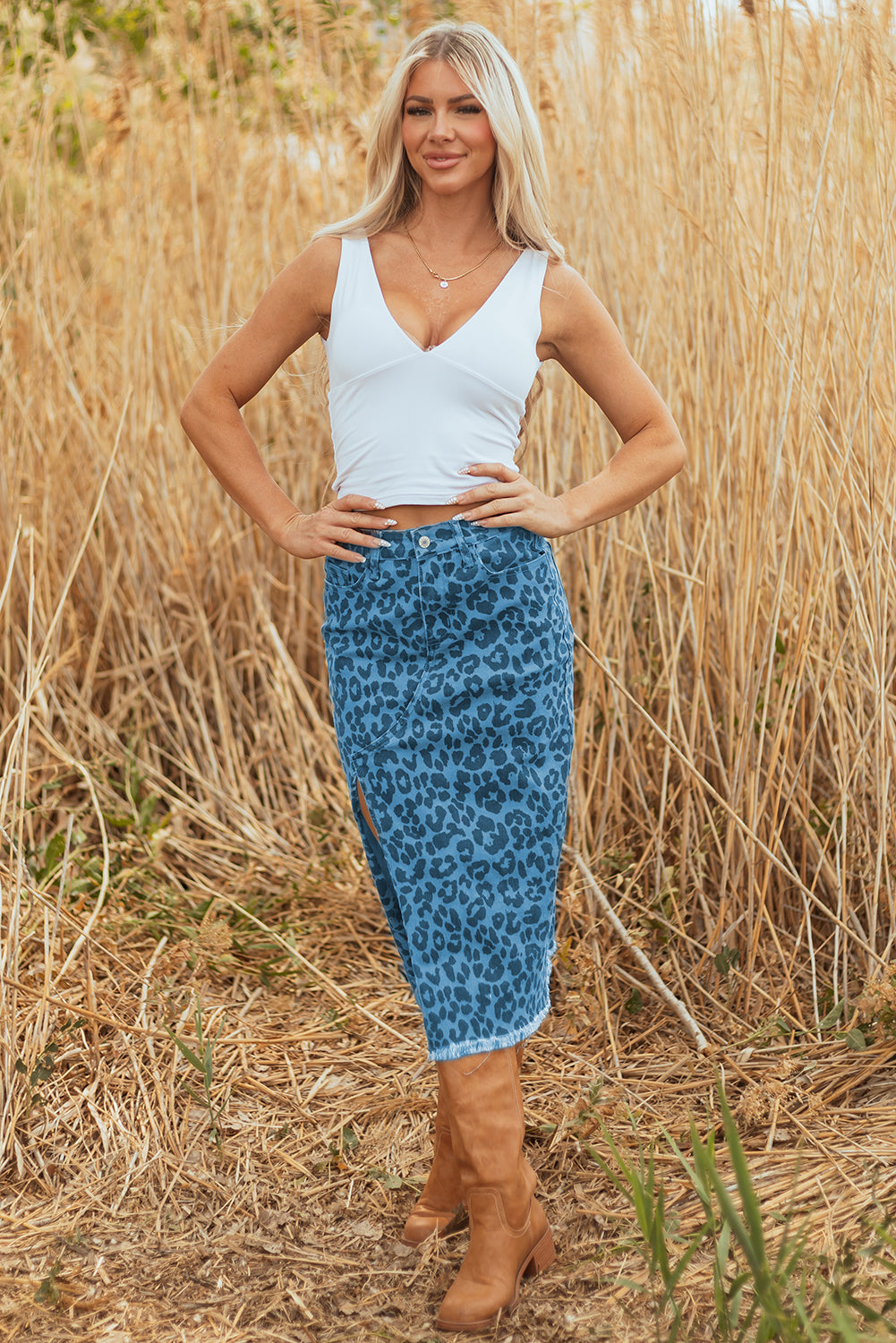 Sky Blue Leopard Denim Frayed Split Denim Midi Skirt