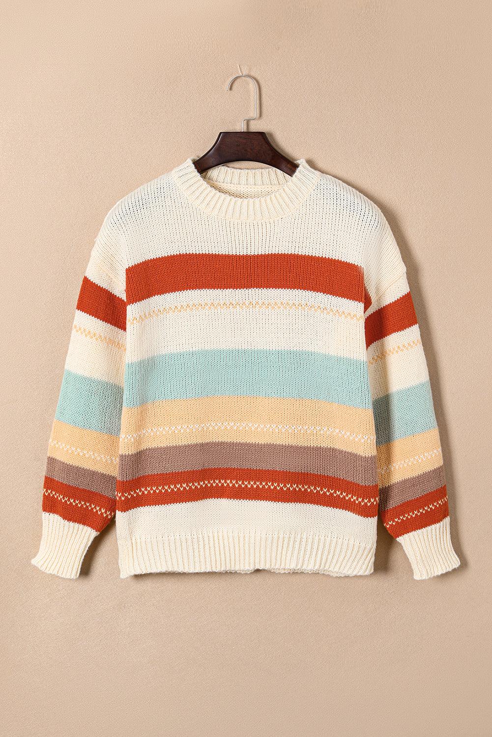 Crew Neck Drop-shoulder Striped Color Block Sweater - L & M Kee, LLC