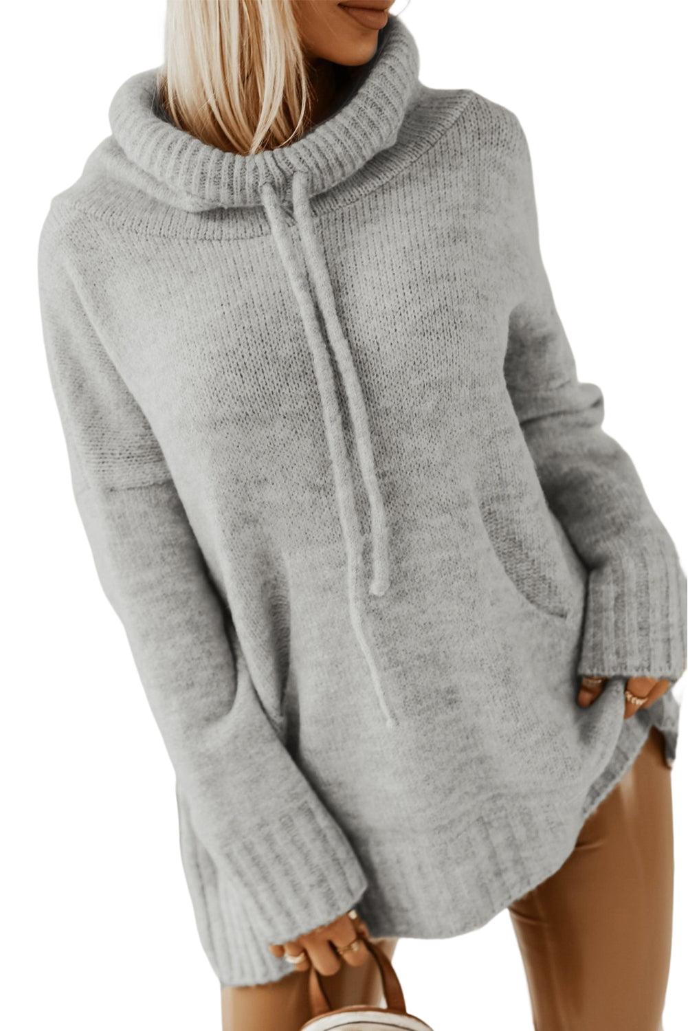 Gray Cowl Neck Drawstring Pullover Hooded Sweater - L & M Kee, LLC