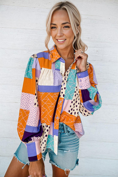 Multicolor Mixed Print Button Front Cuffed Sleeve Shirt - L & M Kee, LLC