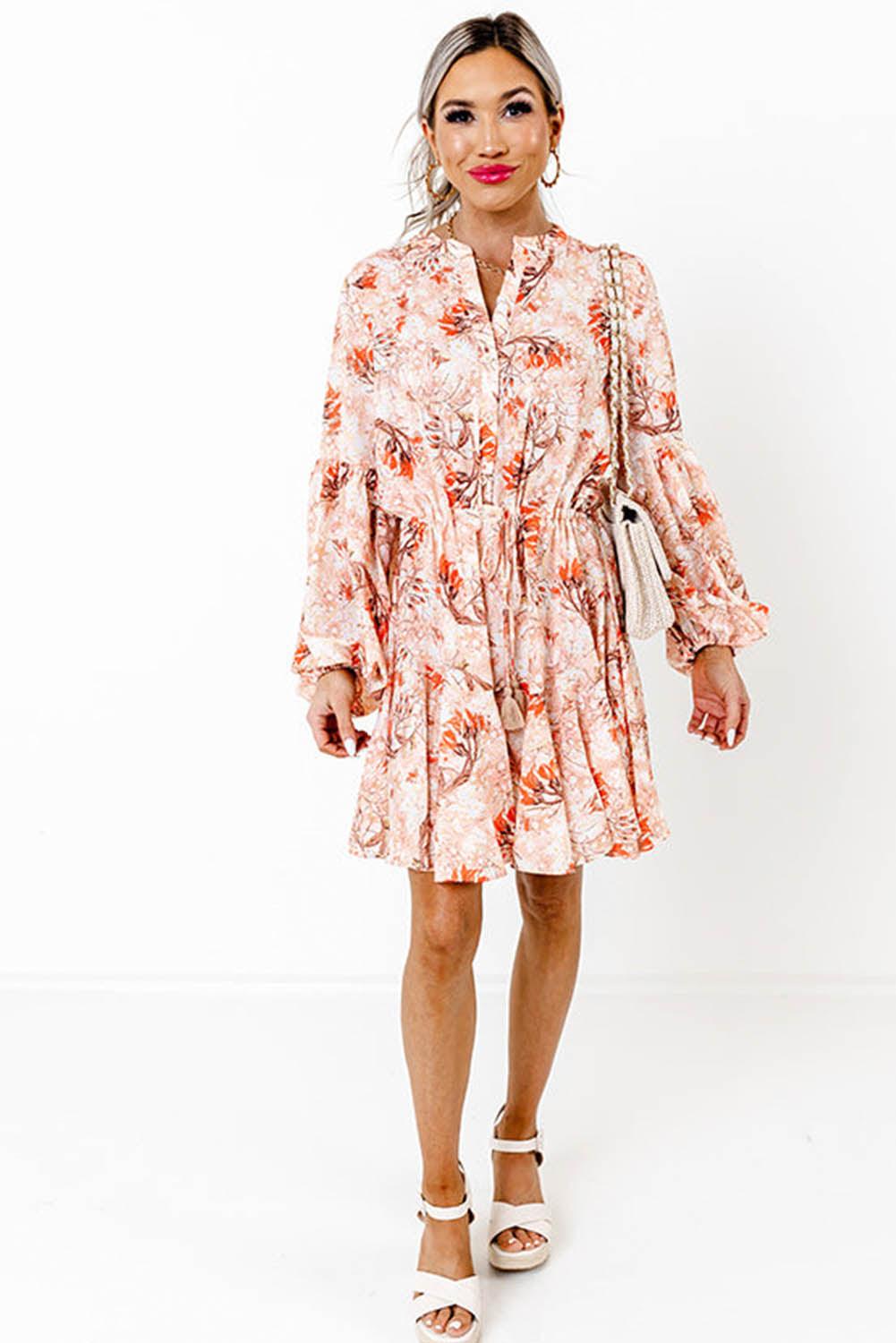 Orange Bubble Sleeve Cinched Waist Floral Dress - L & M Kee, LLC