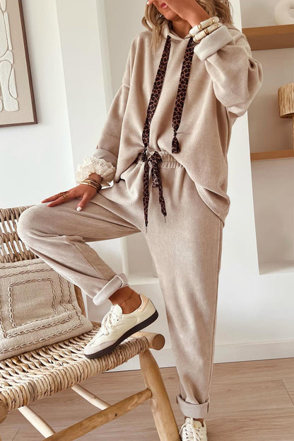 Rose Tan Lace Drawstring Pullover Hoodie and High Waist Pants Corduroy Suit