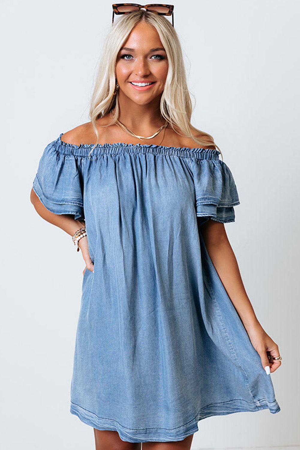 Off-shoulder Ruffle Sleeves Chambray Dress - L & M Kee, LLC