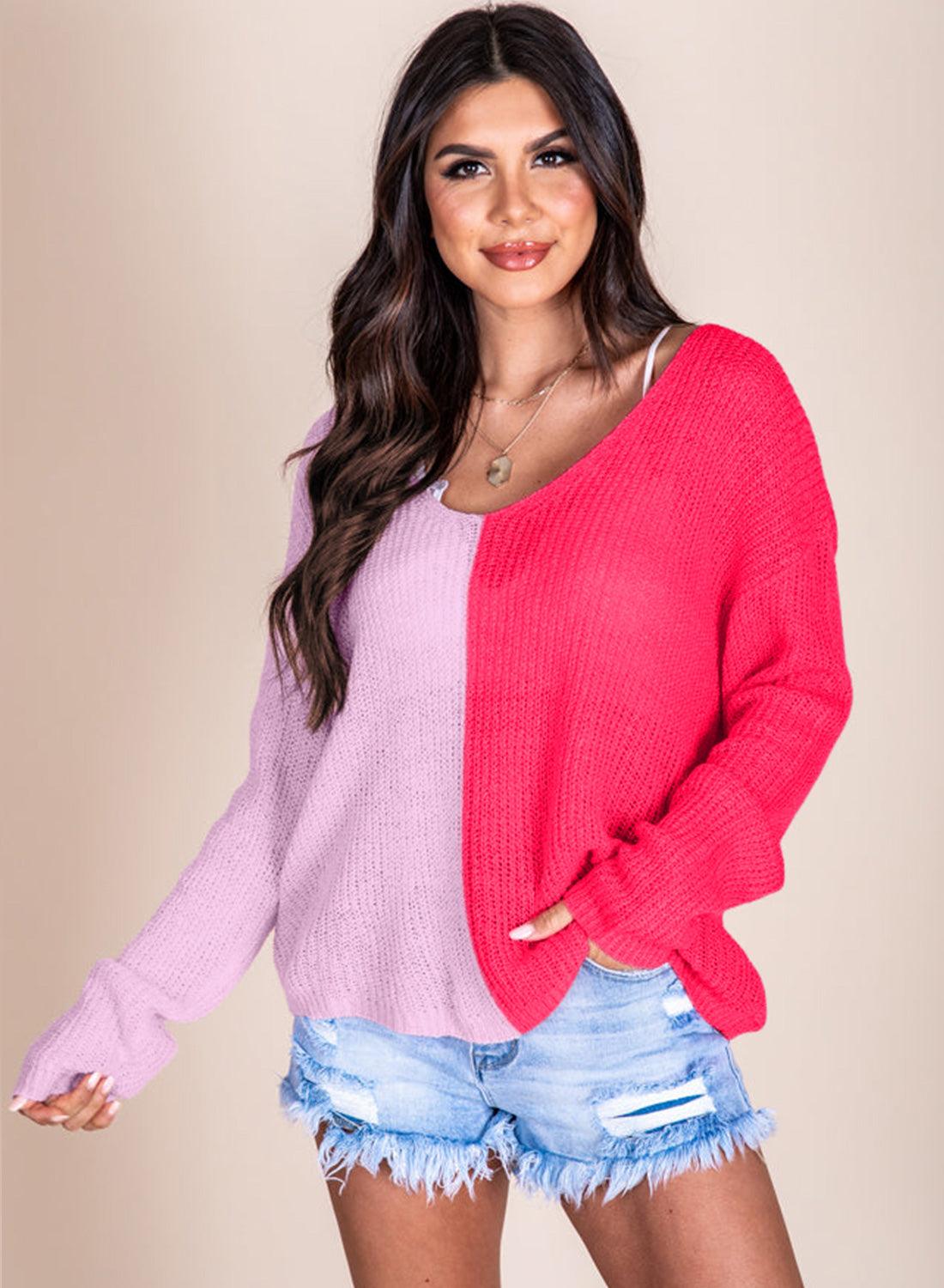 Long Sleeve V-Neck Colorblock Sweater - L & M Kee, LLC