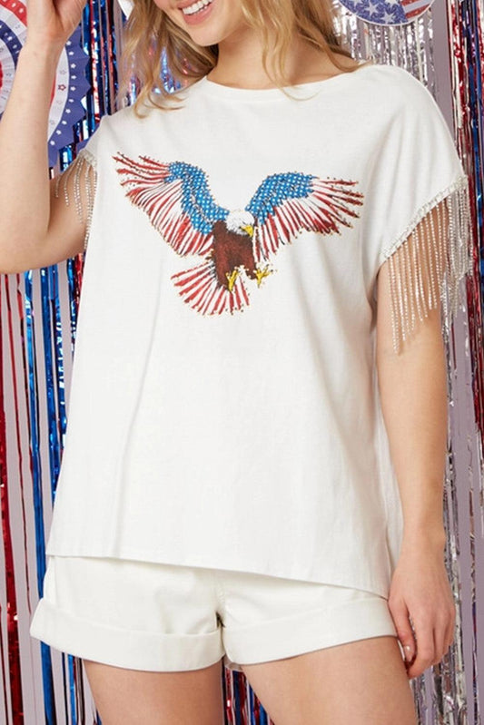 White American Eagle Graphic Rhinestone Fringed Sleeve T Shirt