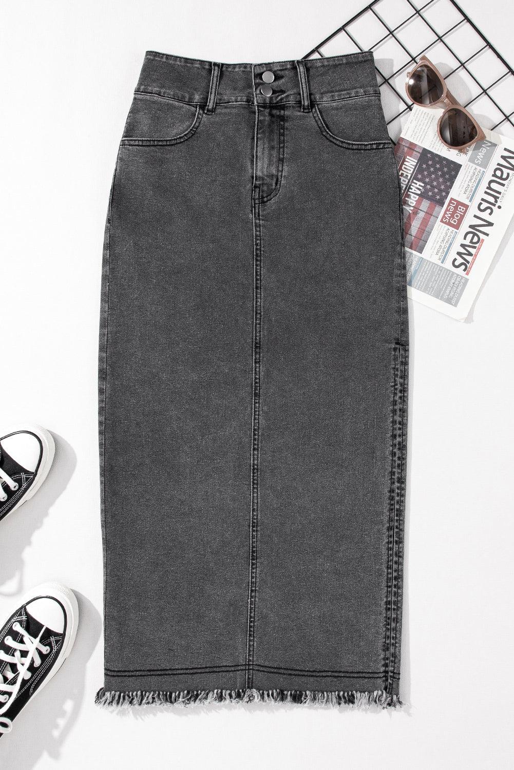 Black Raw Edge Side Slits Buttoned Midi Denim Skirt - L & M Kee, LLC