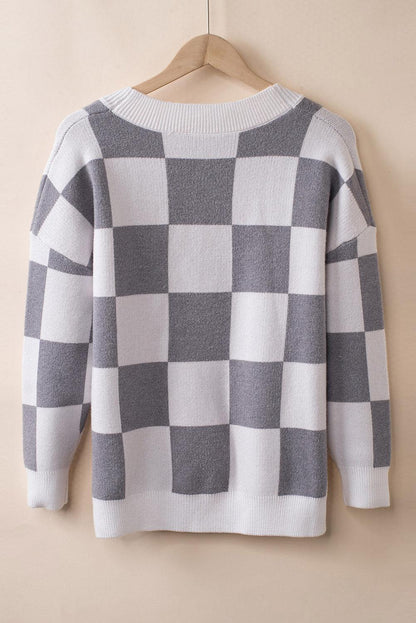 Gray Contrast Checkered Print Button Up Sweater Cardigan - L & M Kee, LLC