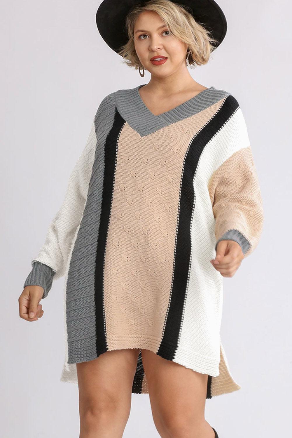 Apricot Mixed Boucl Color Block Plus Size Sweater Dress - L & M Kee, LLC