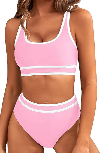 Pink Contrast Trimmed U Neck High Waist Bikini - L & M Kee, LLC