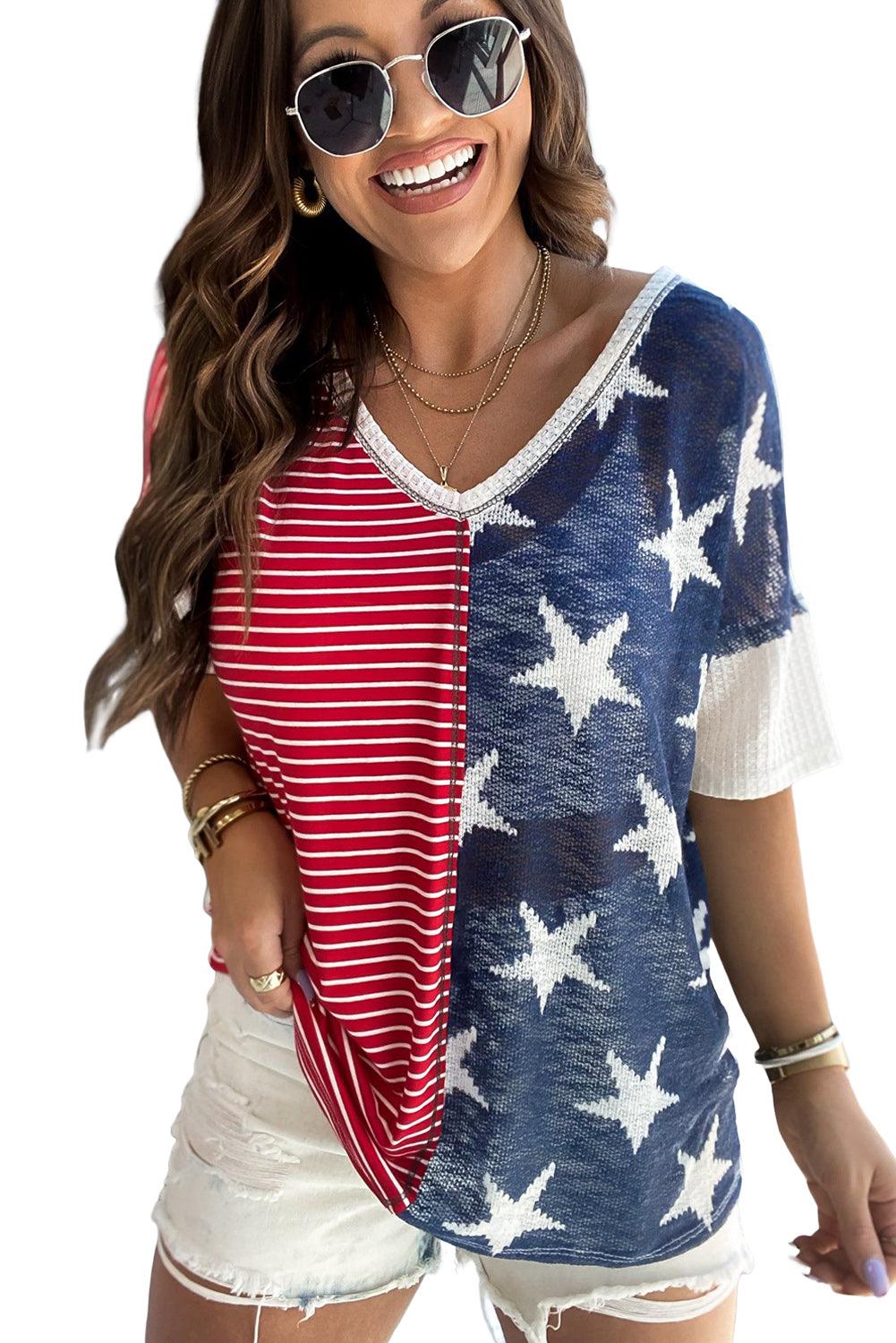 Multicolor Stripes Stars Print Knit Short Sleeves Top - L & M Kee, LLC