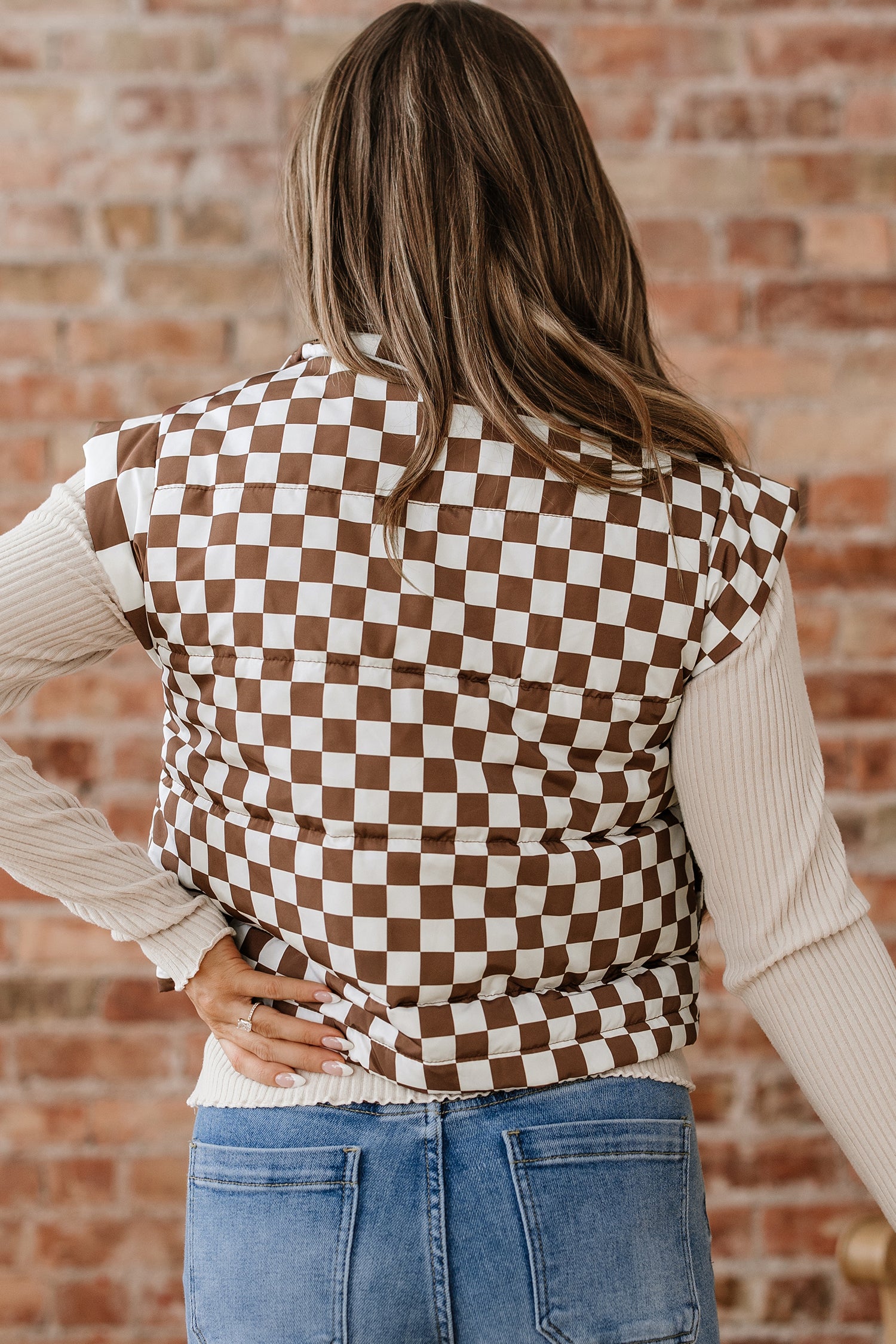 Black Double Checked Stand Collar Cropped Puffer Vest