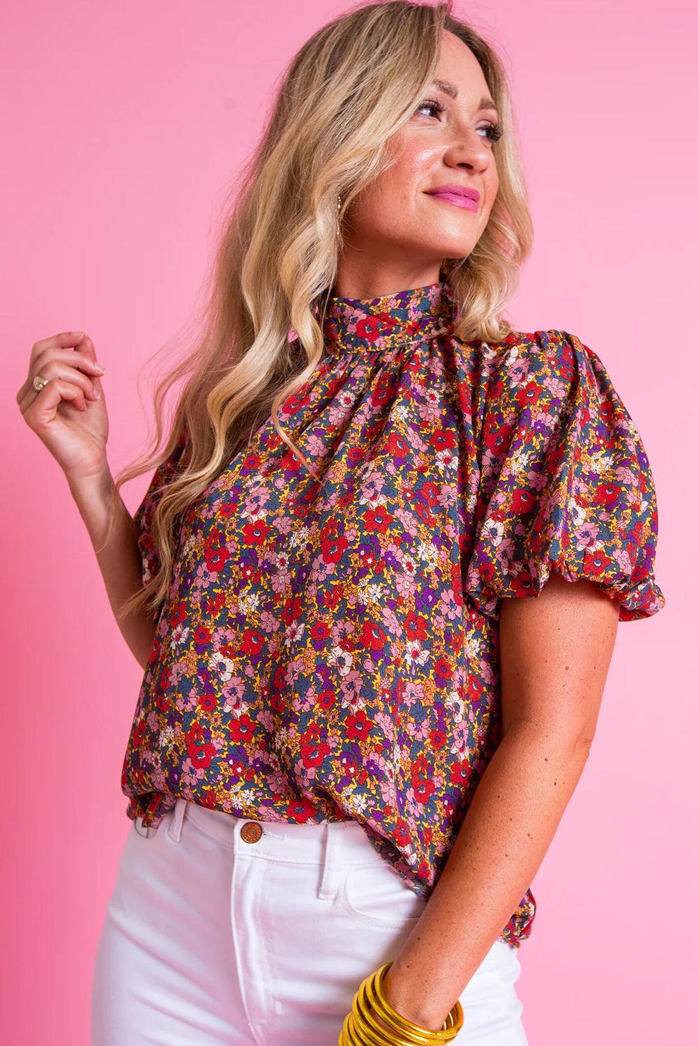 Purple Floral Print Knotted High Neck Puff Sleeve Blouse