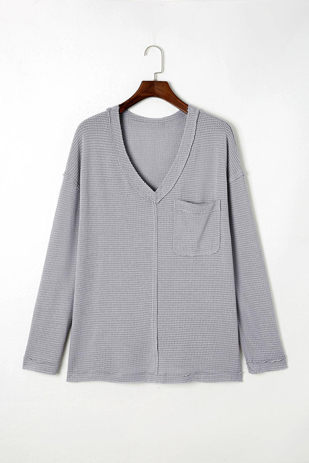 Gray Plus Size V Neck Raw Edge Long Sleeve Top - L & M Kee, LLC