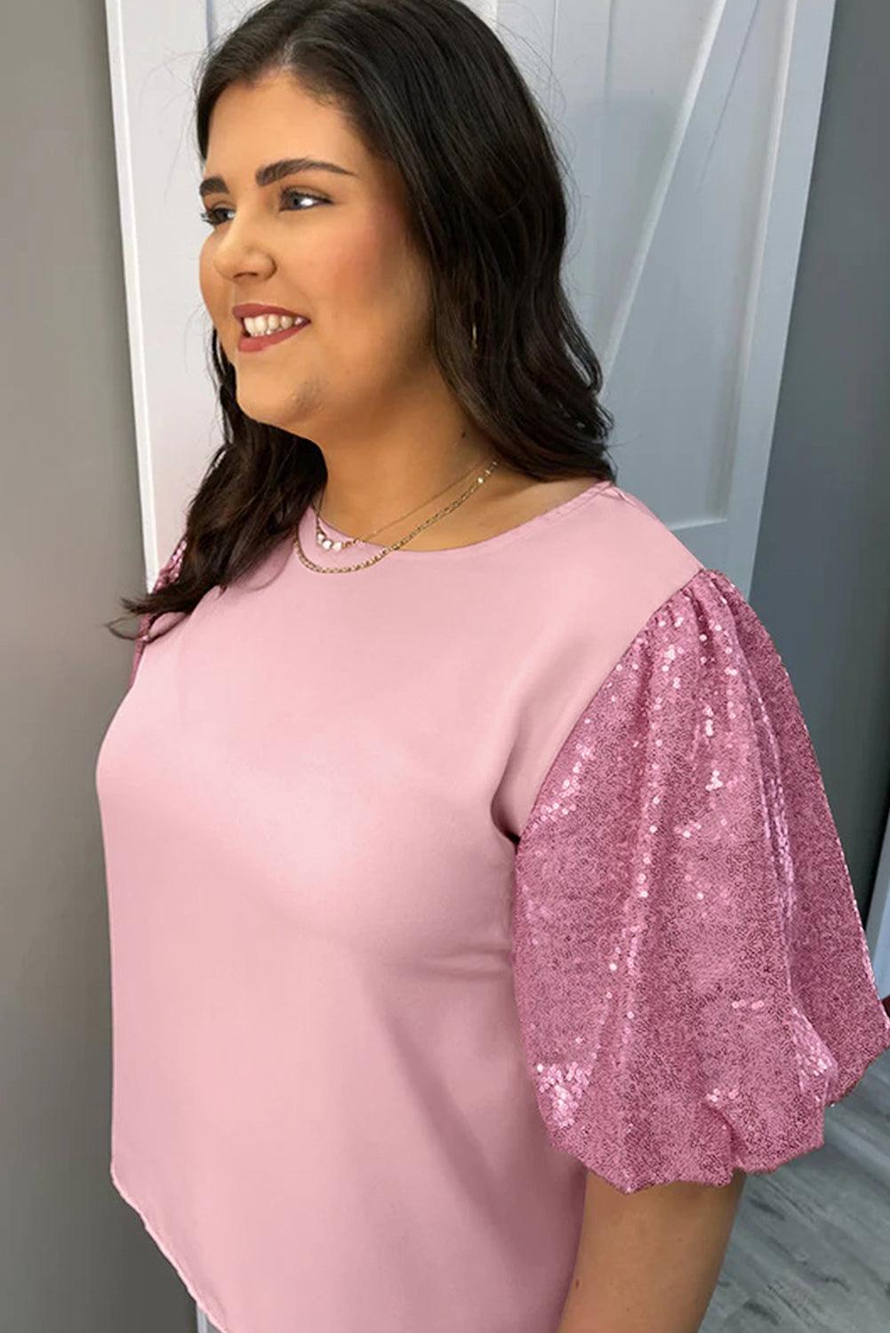 Pink Contrast Sequin Bubble Sleeve Plus Size T-shirt - L & M Kee, LLC