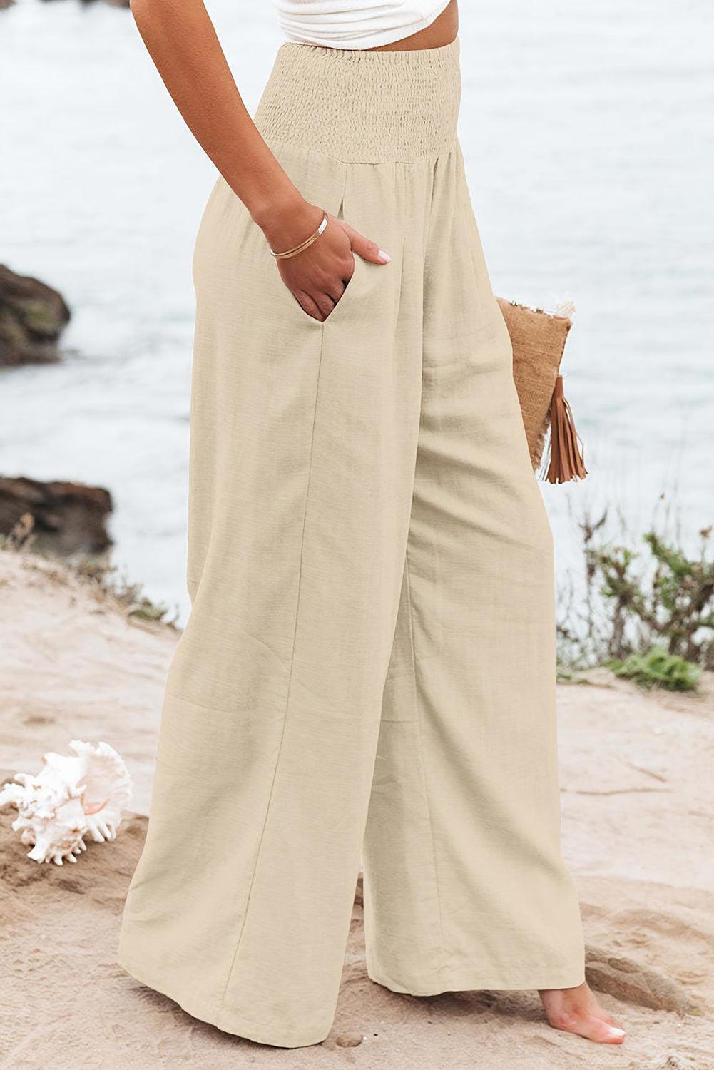 Khaki Smocked Wide Waistband High Waist Wide Leg Pants - L & M Kee, LLC