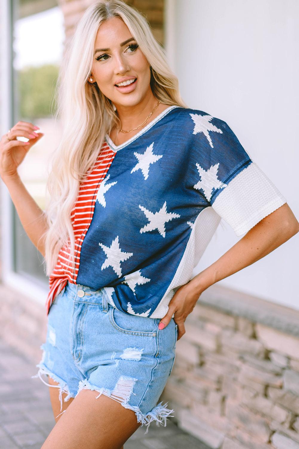 Multicolor Stripes Stars Print Knit Short Sleeves Top - L & M Kee, LLC