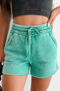 Sea Green Mineral Washed Drawstring Elastic Waist Raw Cut Shorts