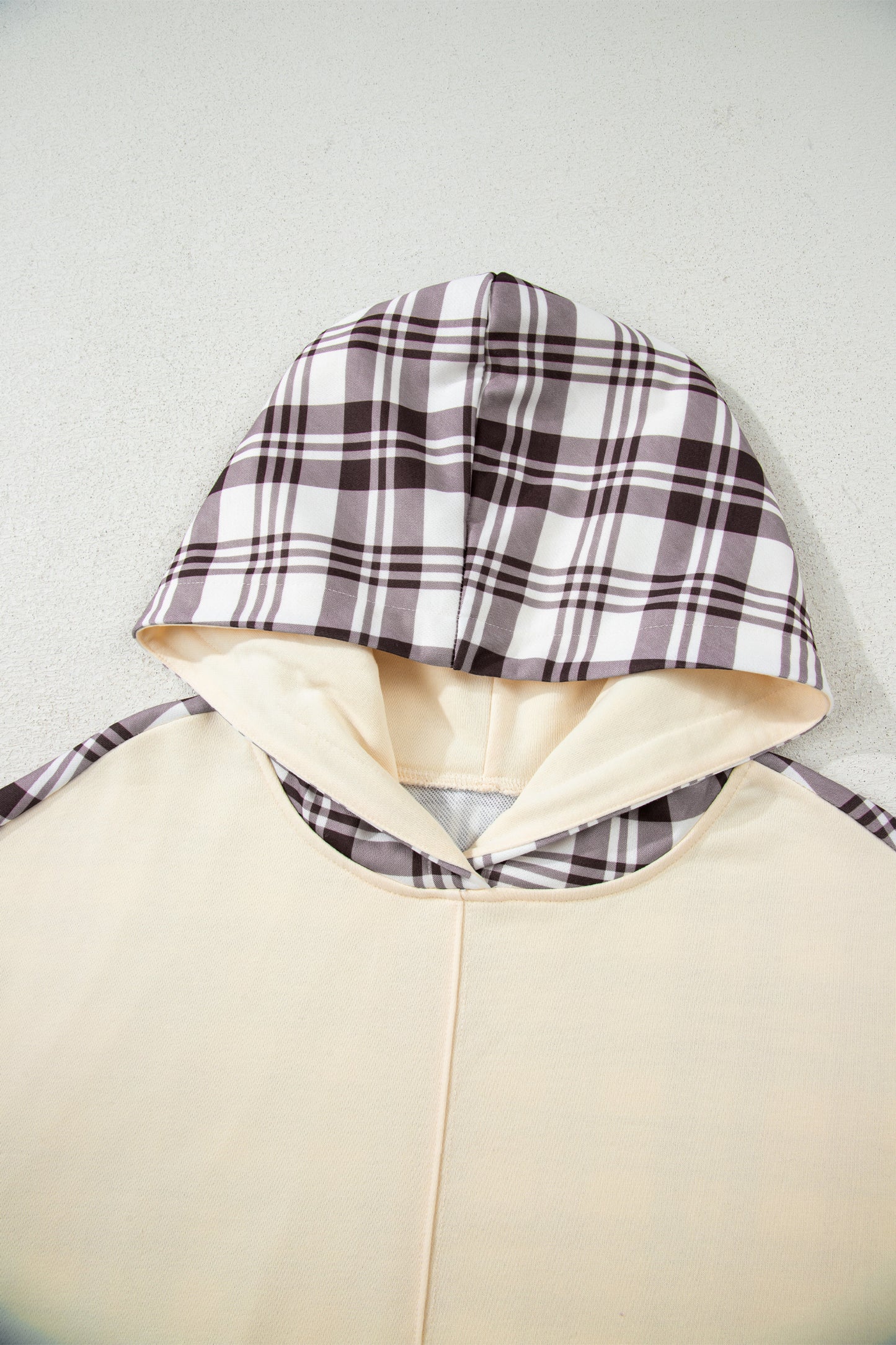 Beige Plaid Patchwork Side Slit Sweatshirt