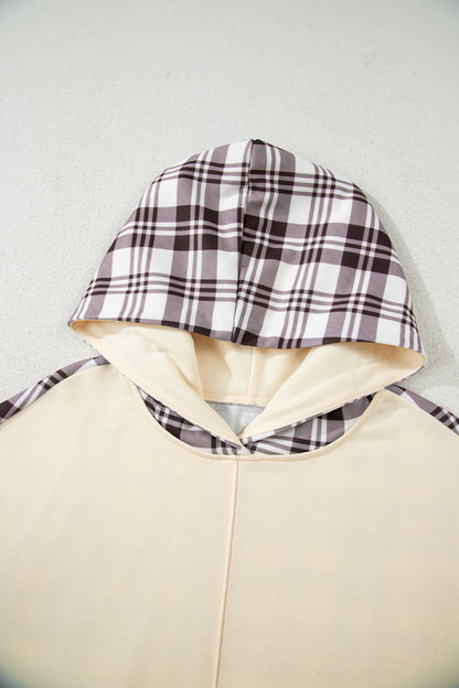 Beige Plaid Patchwork Side Slit Sweatshirt