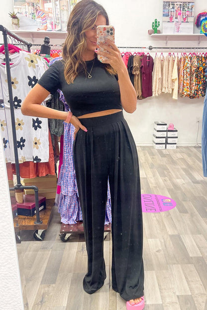 Black Slim Fit Crop Top and Pleated Wide Leg Pants Set - L & M Kee, LLC