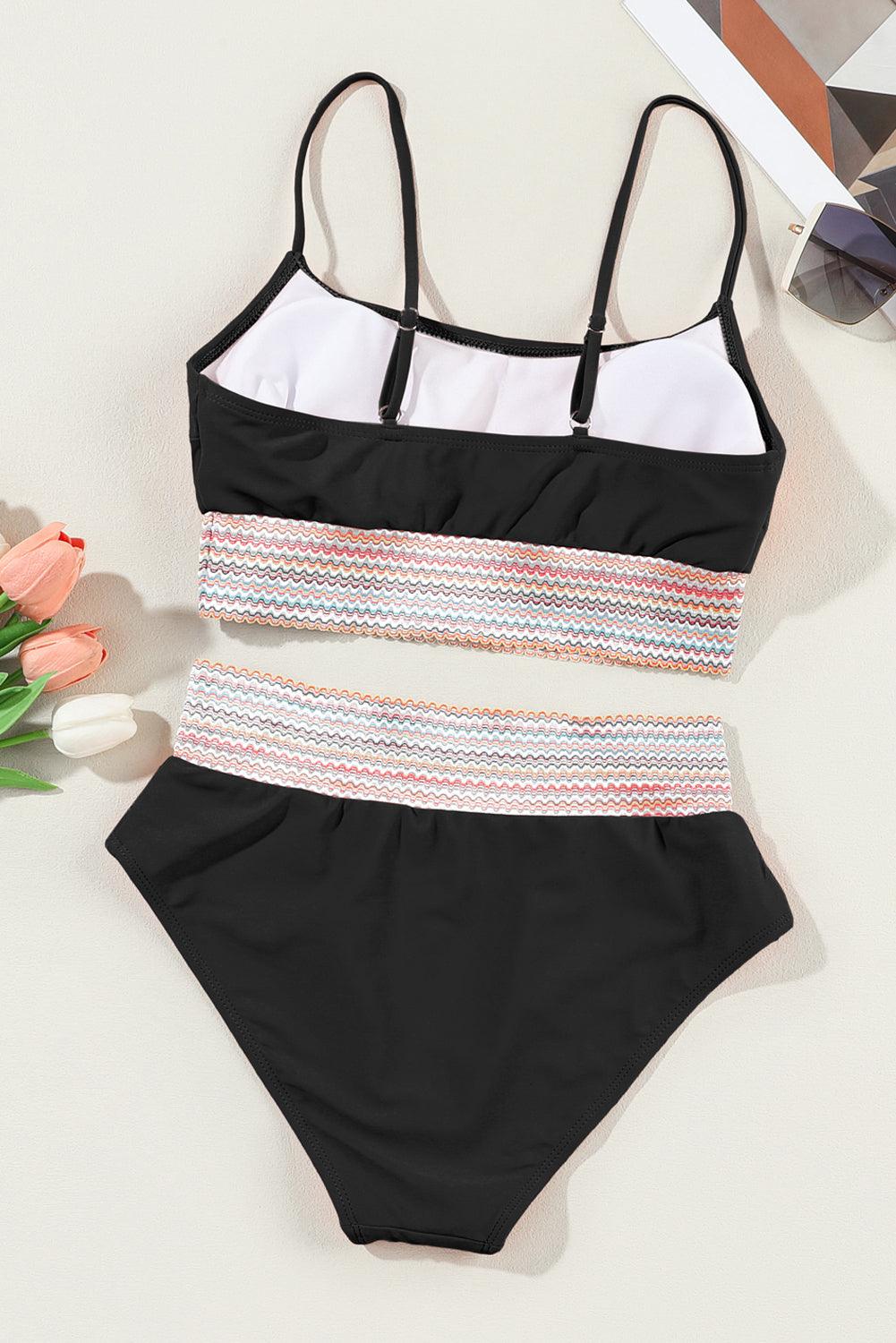 Black Striped Patchwork Spaghetti Strap High Waist Bikini Swimsuit - L & M Kee, LLC