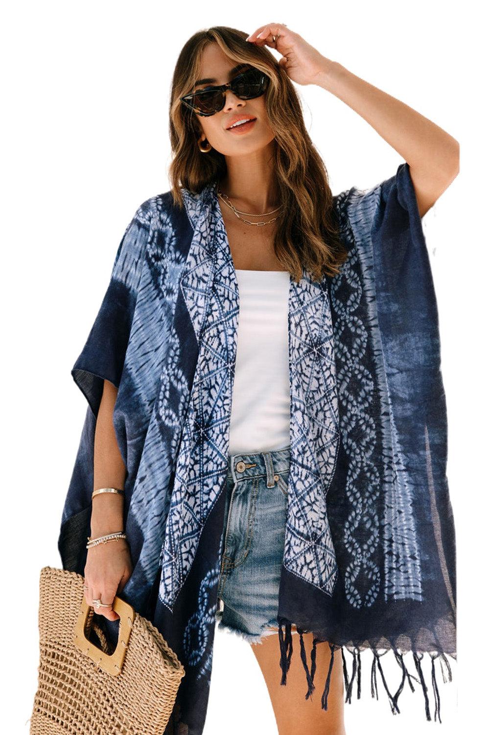 Blue Tie Dye Short Sleeves Tassels Kimono - L & M Kee, LLC