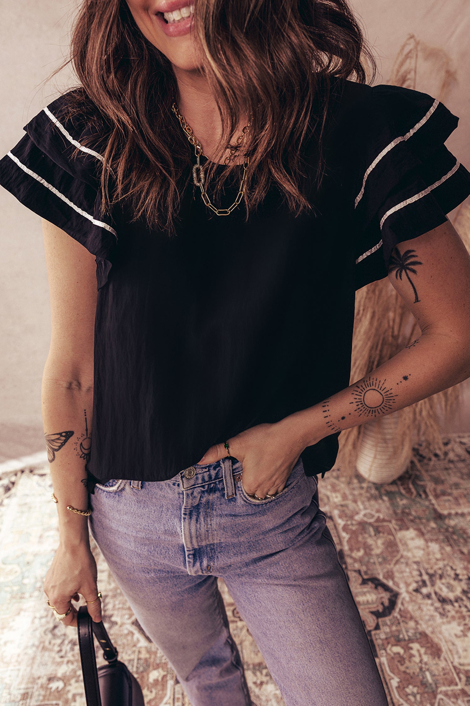 Black Contrast Trim Dual Ruffle Short Sleeve Textured Blouse