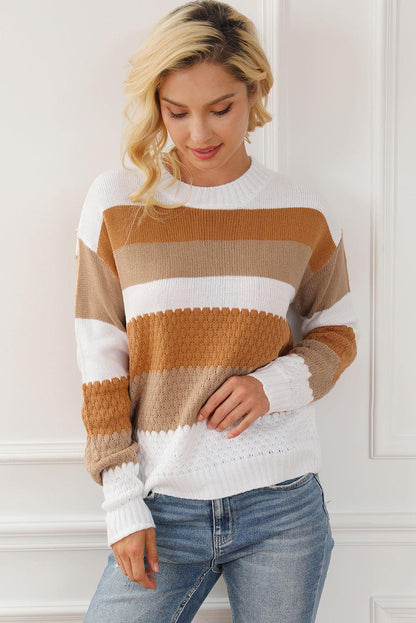 Chestnut Striped Cable Knit Drop Shoulder Sweater - L & M Kee, LLC