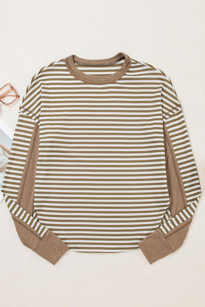 Khaki Stripe Thermal Knit Drop Shoulder Casual Top