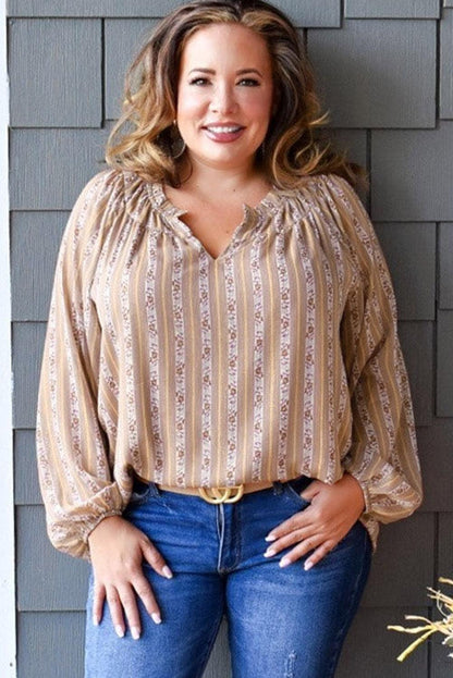 Plus Size Printed Split Neck Blouse - L & M Kee, LLC