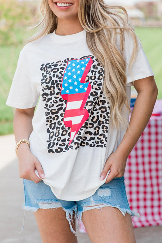 White Leopard American Flag Lightning Graphic T Shirt - L & M Kee, LLC