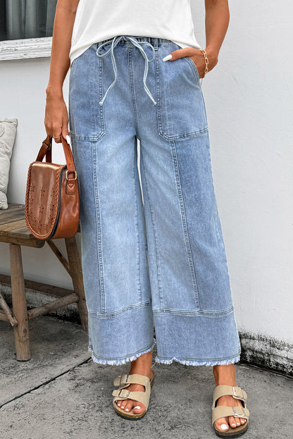 Gray Drawstring Seam Detail Raw Hem Wide Leg Denim Pants