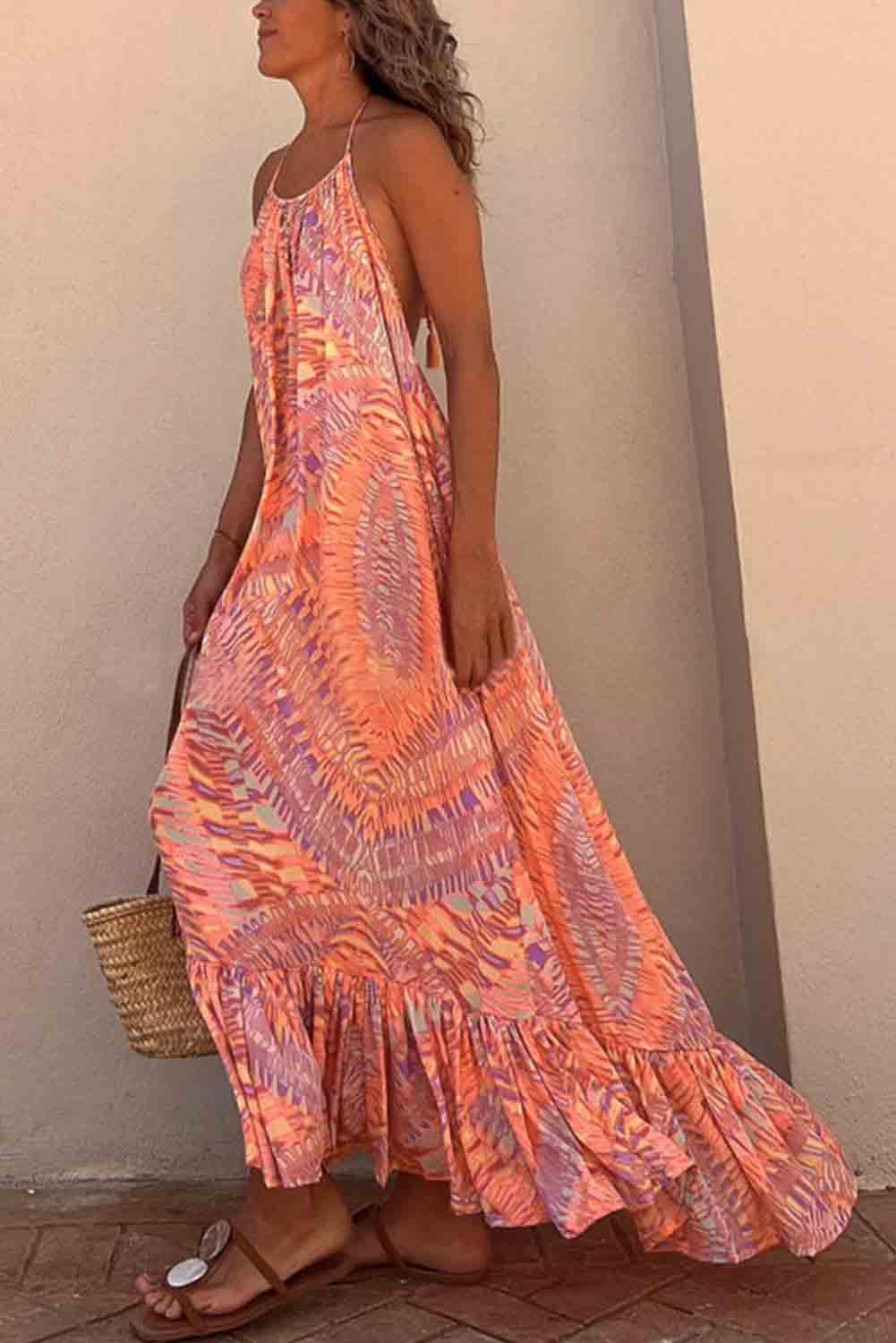 Orange Geometric Print Tassel Tie Halterneck Maxi Dress - L & M Kee, LLC