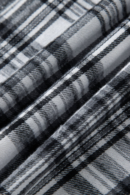 Gray Plaid Patchwork Long Sleeve Button Hooded Blouse