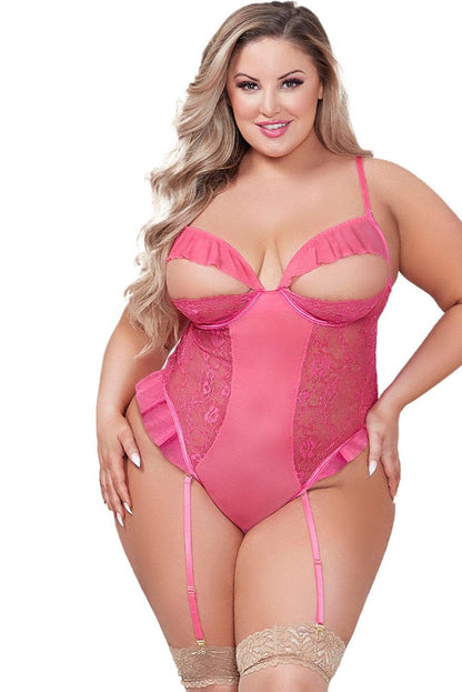 Pink Plus Size Lace Mesh Ruffle Peekaboo Teddy Lingerie - L & M Kee, LLC