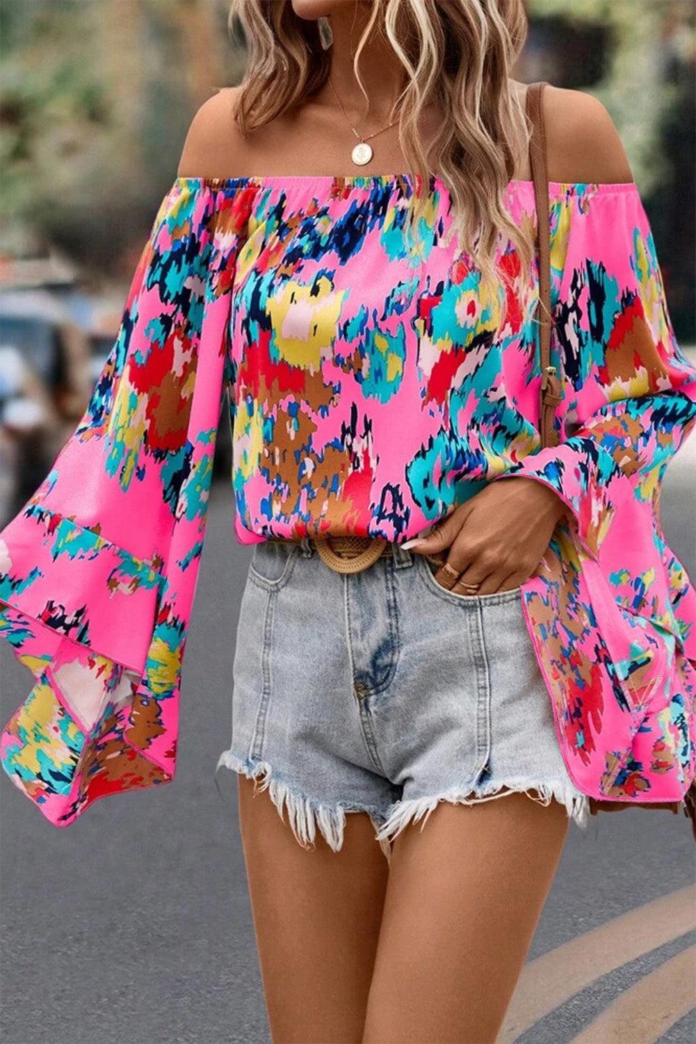 Rose Abstract Floral Print Off-shoulder Bell Sleeve Blouse - L & M Kee, LLC