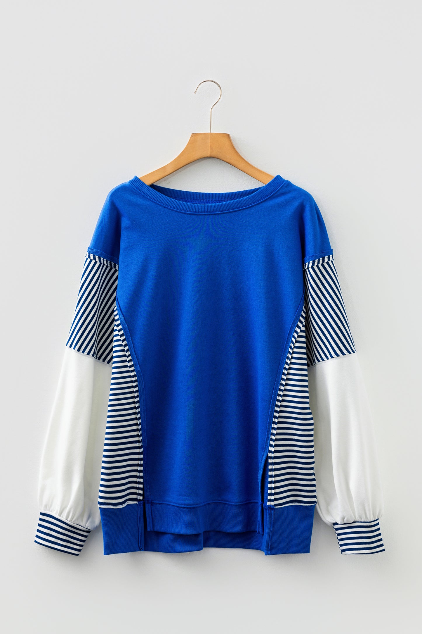 Dark Blue Striped Patchwork Sleeve Colorblock Sweatshirt