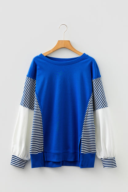 Dark Blue Striped Patchwork Sleeve Colorblock Sweatshirt