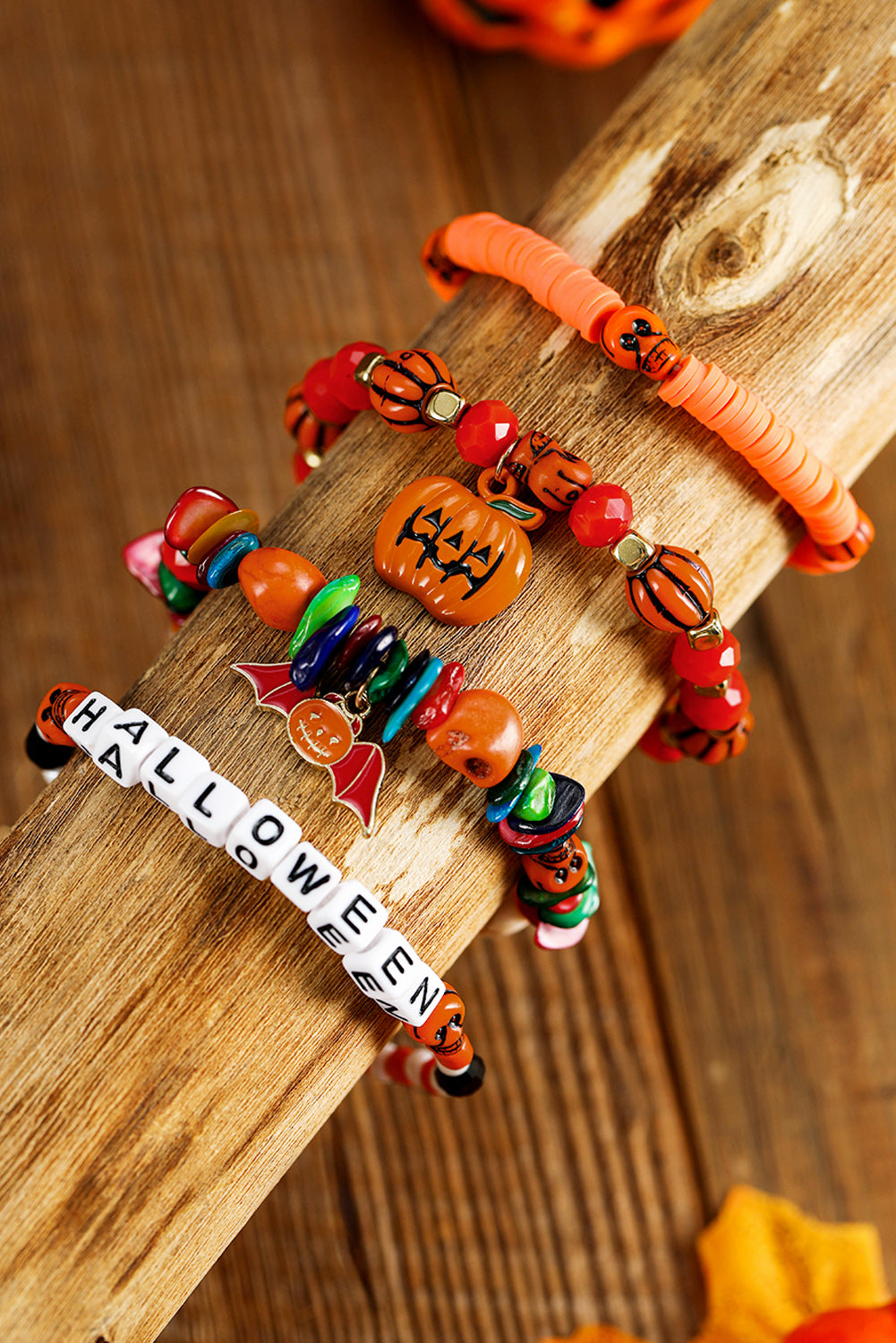 Orange 4pcs Halloween Pumpkin Bat Spider Bracelet Set