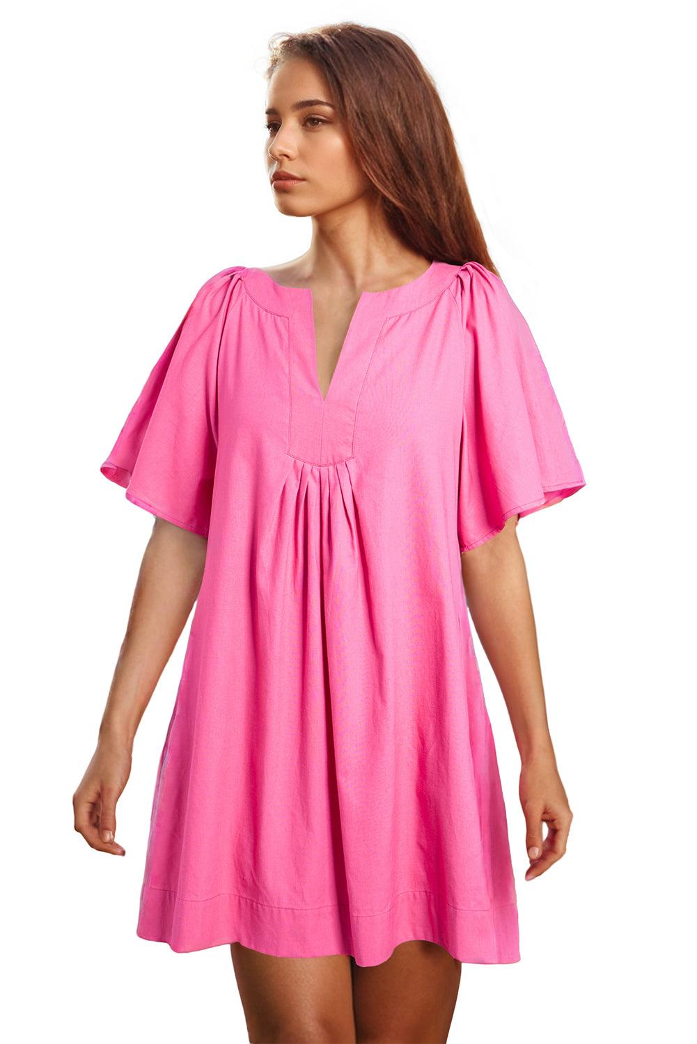 Bonbon Split V Neck Short Flutter Sleeve Pleated Shift Dress - L & M Kee, LLC