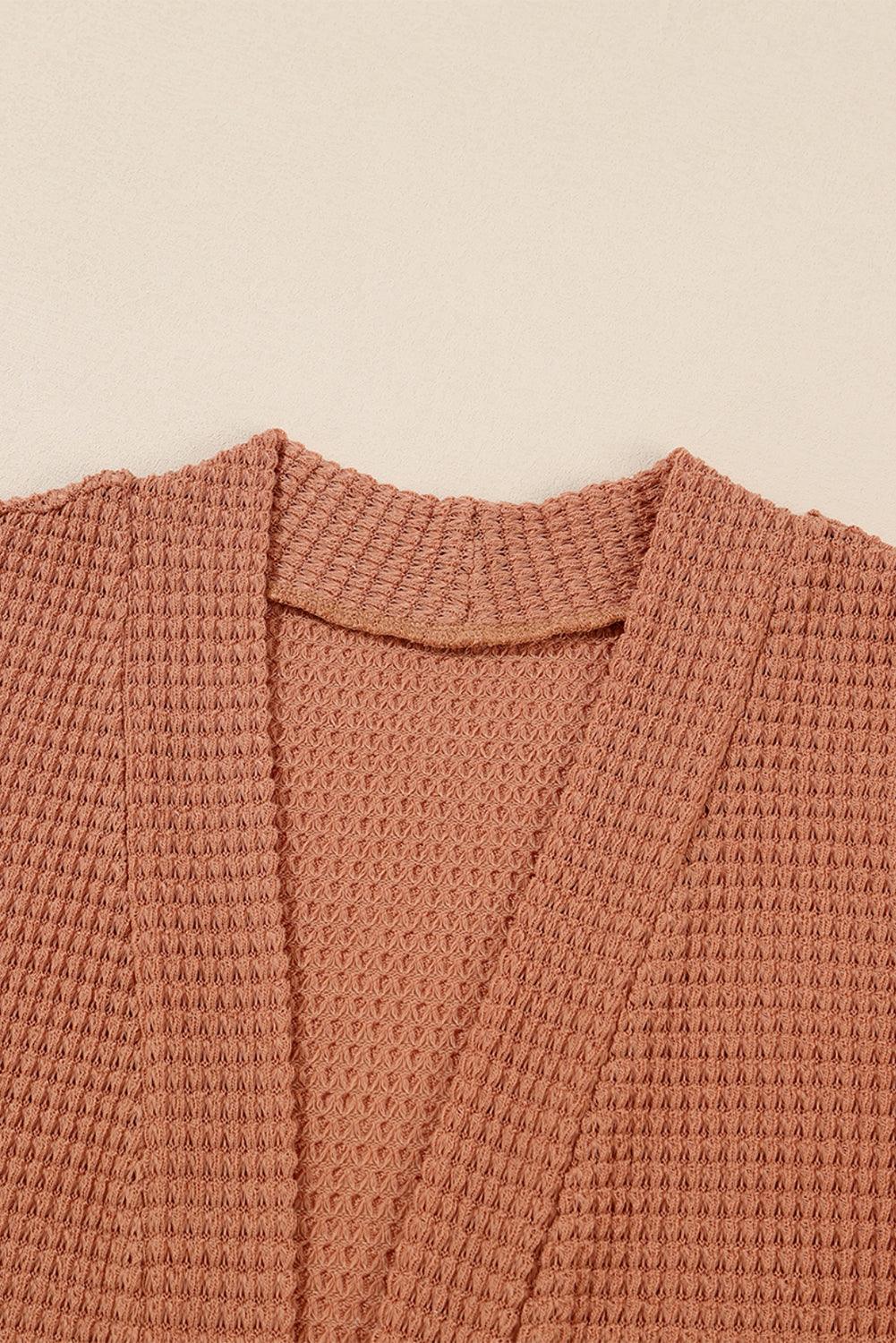 Brown Waffled Knit Thumb Sleeve Pocketed Cardigan - L & M Kee, LLC