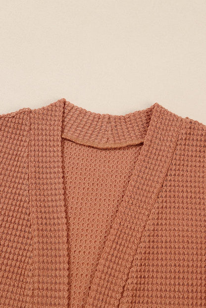 Brown Waffled Knit Thumb Sleeve Pocketed Cardigan - L & M Kee, LLC